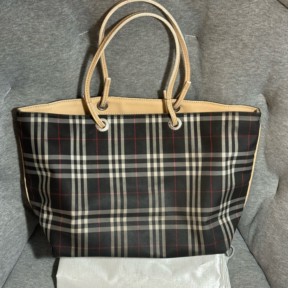 Burberry Black Canvas Vintage Check & Leather Tote Shoulder Handbag Purse Italy - Picture 2 of 14